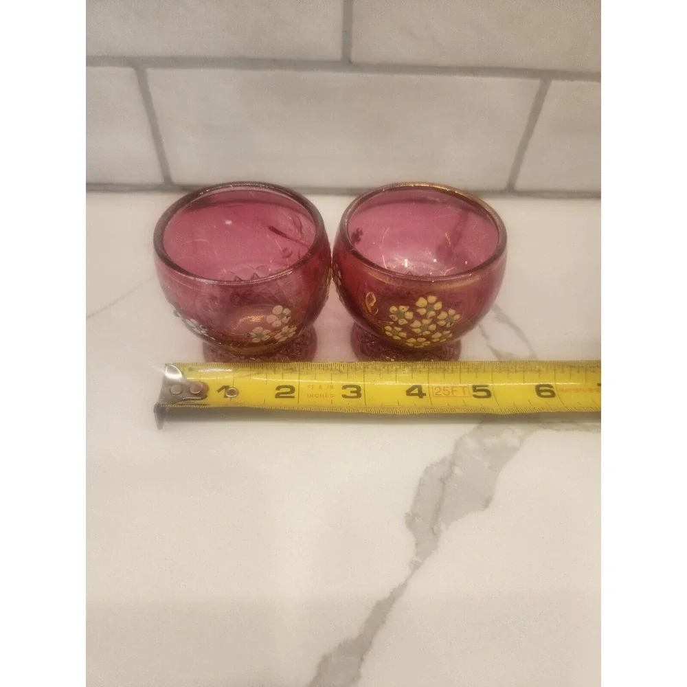 Two Antique EAPG Pink Hand Painted Enamel Daisies Toothpick Holder Flashed Color
